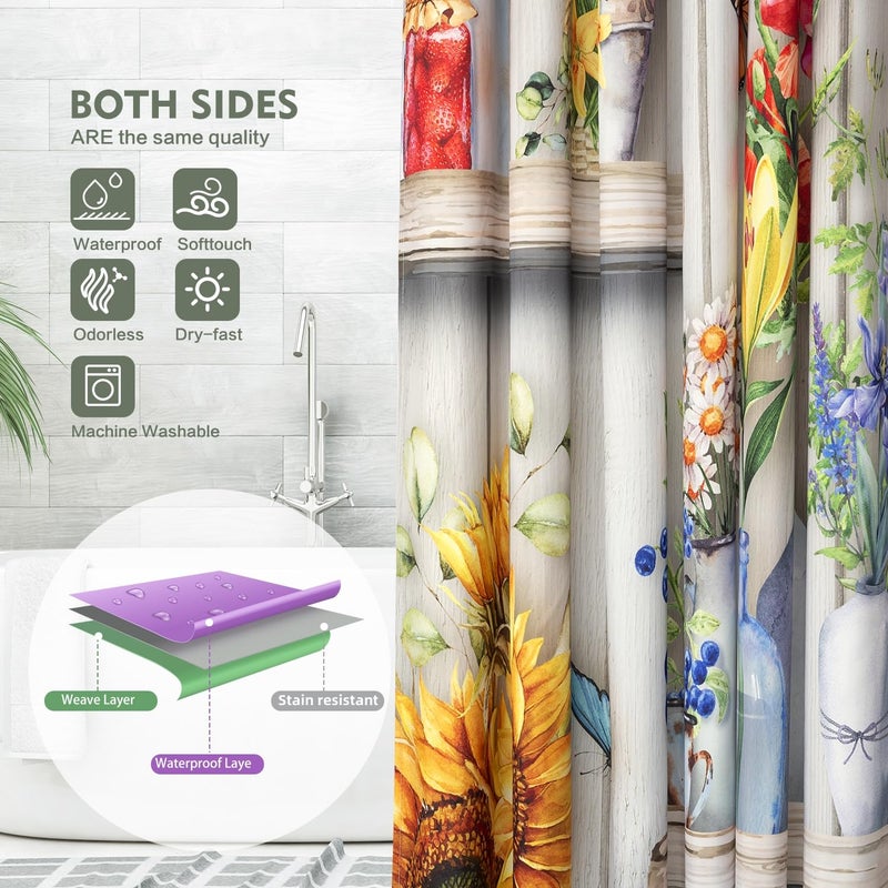 Lokigo Flower Shelves Shower Curtain Boho Farmhouse Shower Curtain Rustic Country Floral Shower Curtains for Bathroom Waterproof Fabric Shower Curtain Set with Hooks Farmhouse Bathroom Curtain Decor 72x72 - Image 4
